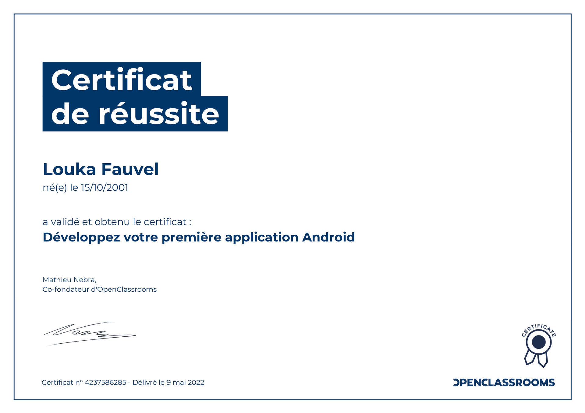 Certificat application Android