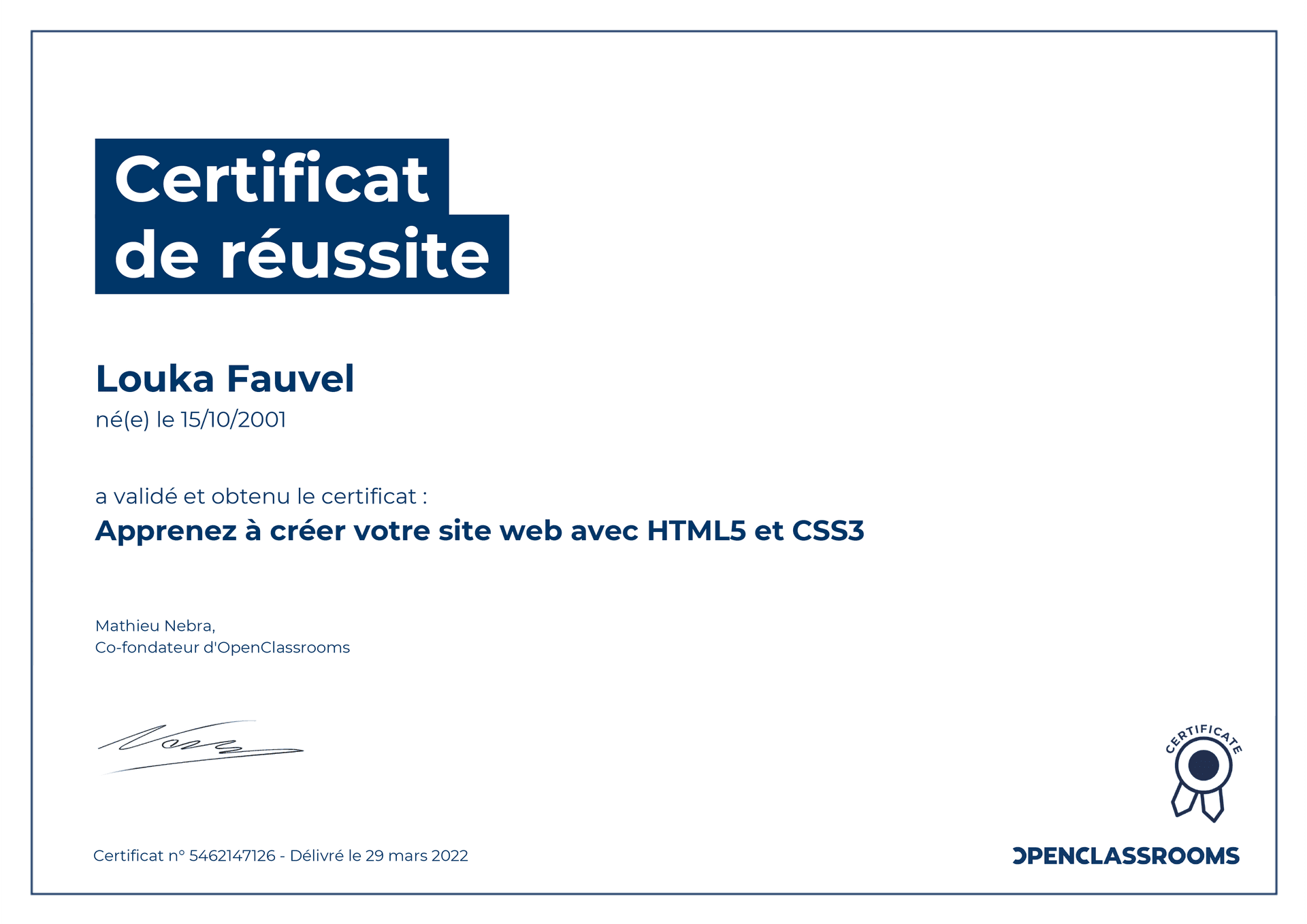 Certificat HTML5 et CSS3