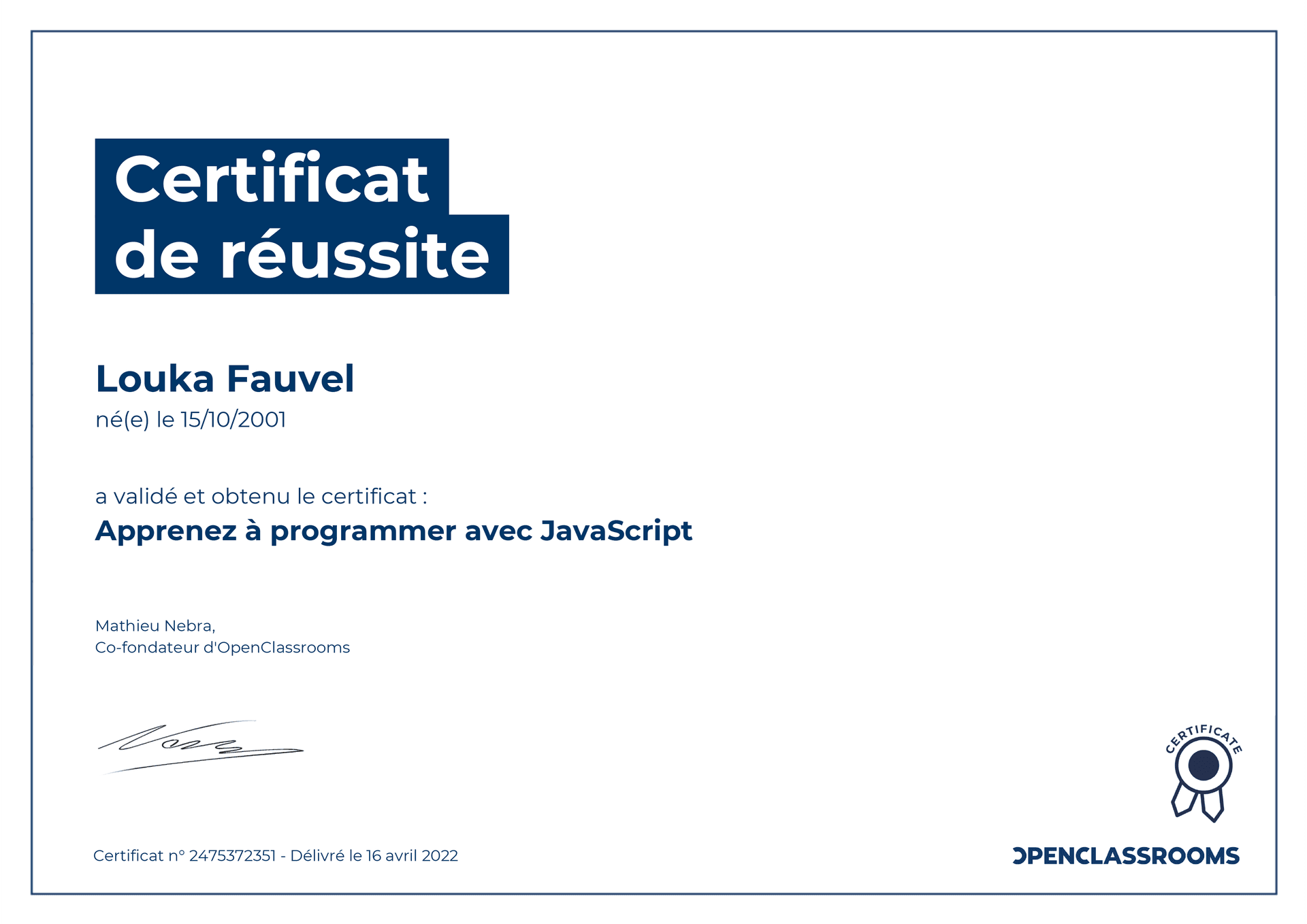 Certificat JavaScript