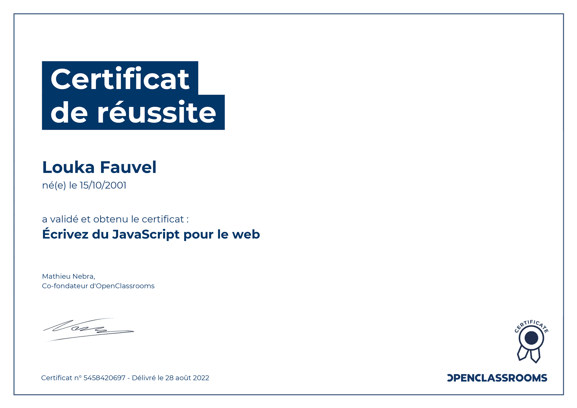 Certificat JavaScript web